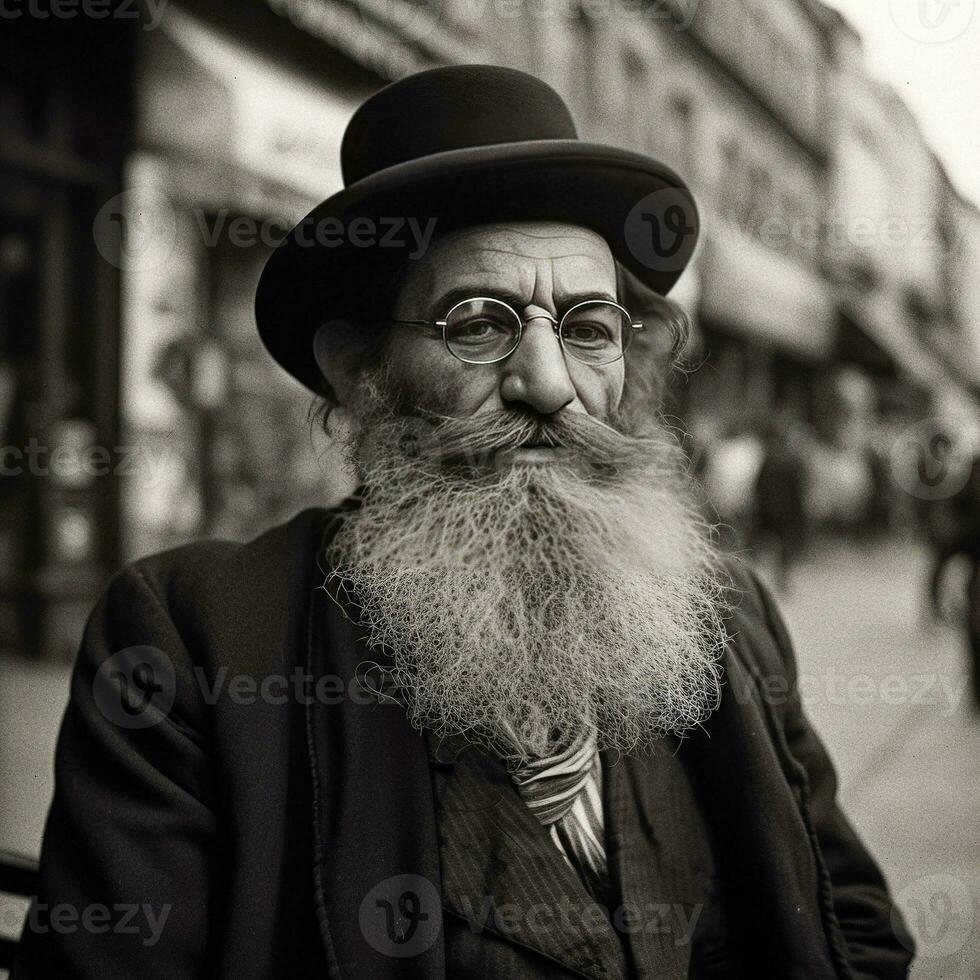 orthodox jüdisch Mann, gekleidet im Schwarz, tragen ein lange Bart und ein Hut generativ ai foto