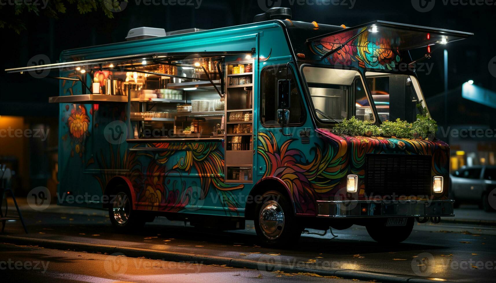 Nachtzeit Stadt Leben beleuchtet durch beschwingt Farben von Autos und Busse generiert durch ai foto