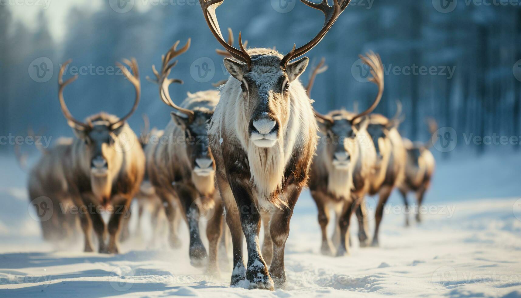 ein majestätisch Hirsch läuft durch das schneebedeckt Winter Wald generiert durch ai foto