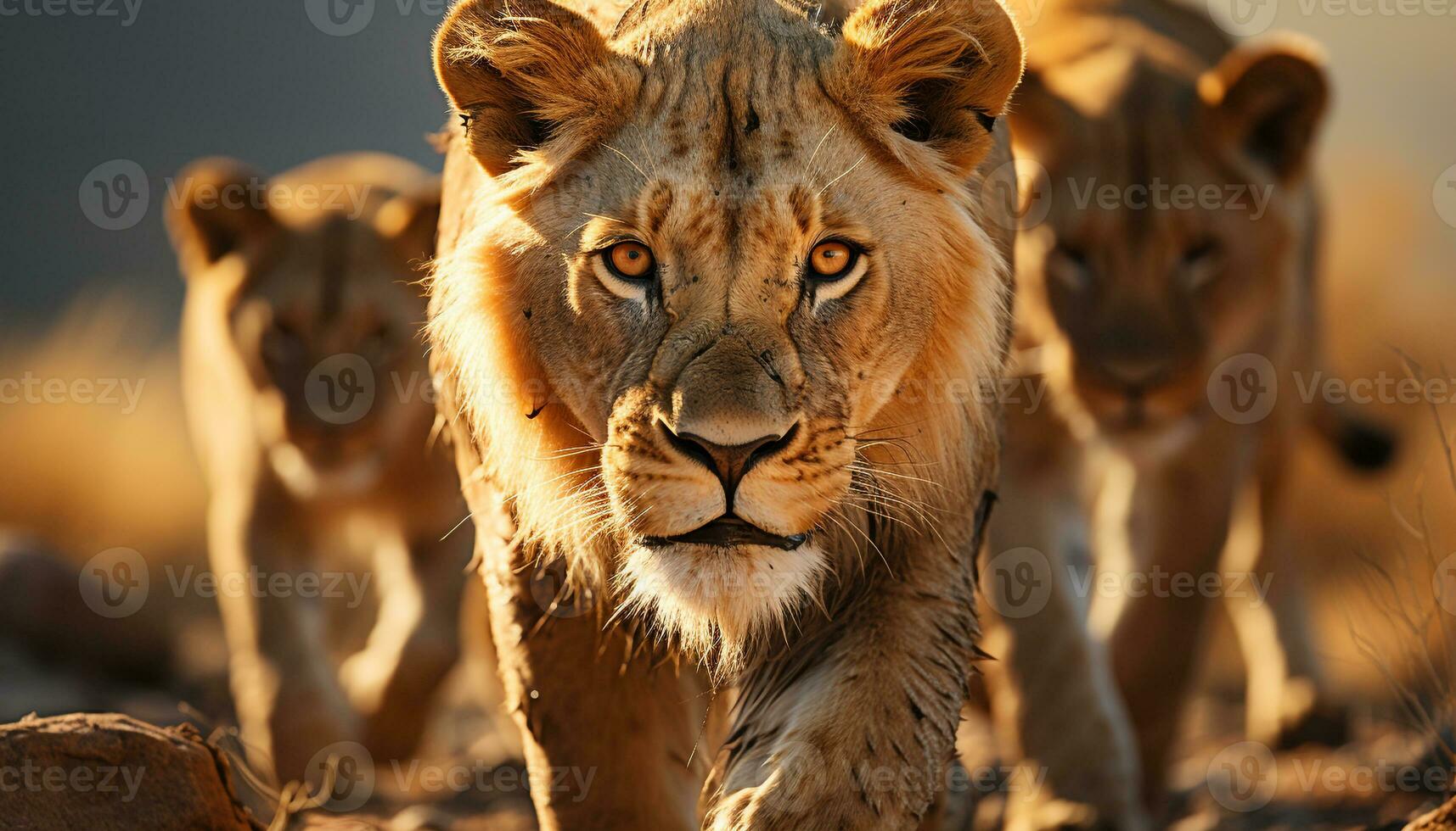 Löwin gehen, majestätisch Schönheit im Natur, Afrika Tierwelt Reservieren generiert durch ai foto