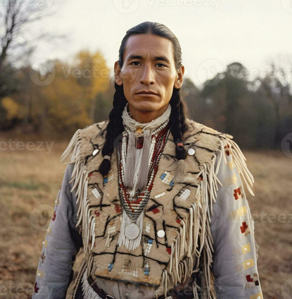 Cherokee Eleganz traditionell Kleid generativ ai Porträt foto