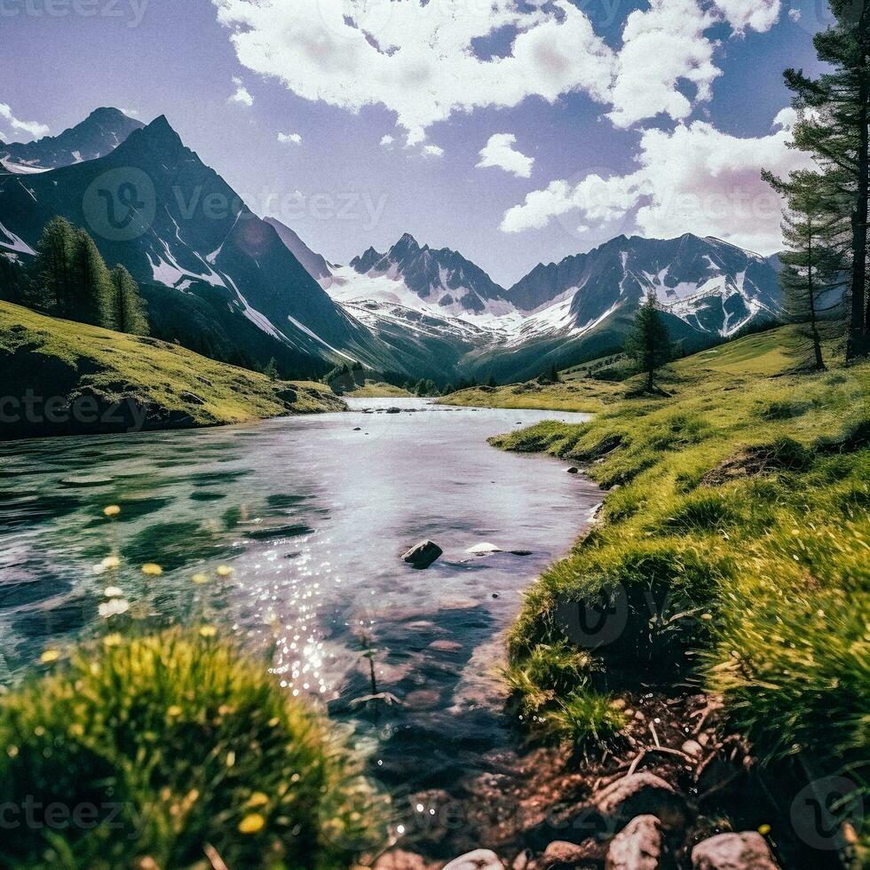 Sommer- Gelassenheit im das alpin Berge, Bild generiert durch ai foto