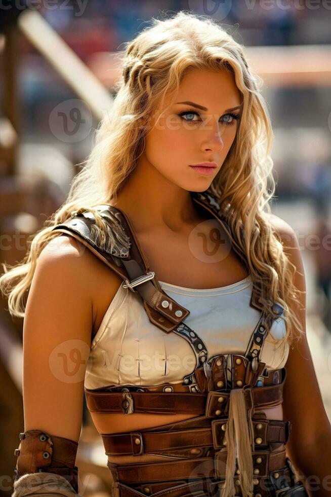 Krieger Mädchen ein schön jung weiblich Gladiator Wikinger mit blond Haar und Blau Augen generativ ai foto