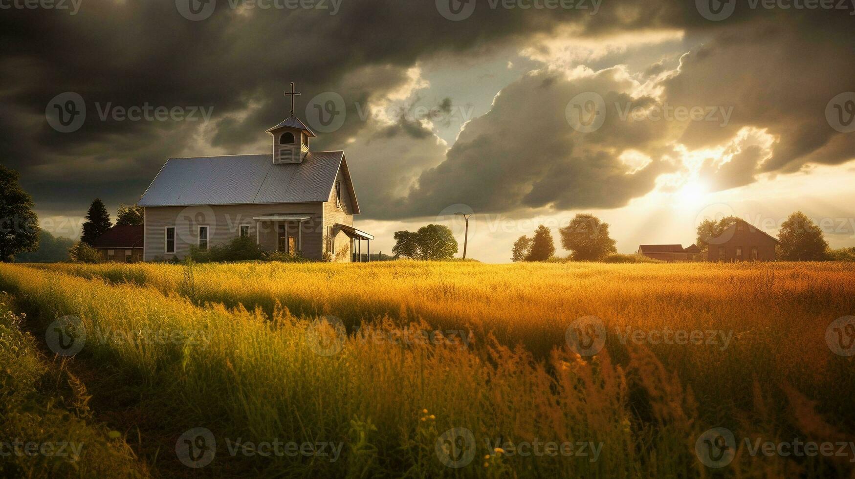 ein Weiß hölzern amerikanisch evangelisch Kirche im das Felder generativ ai foto