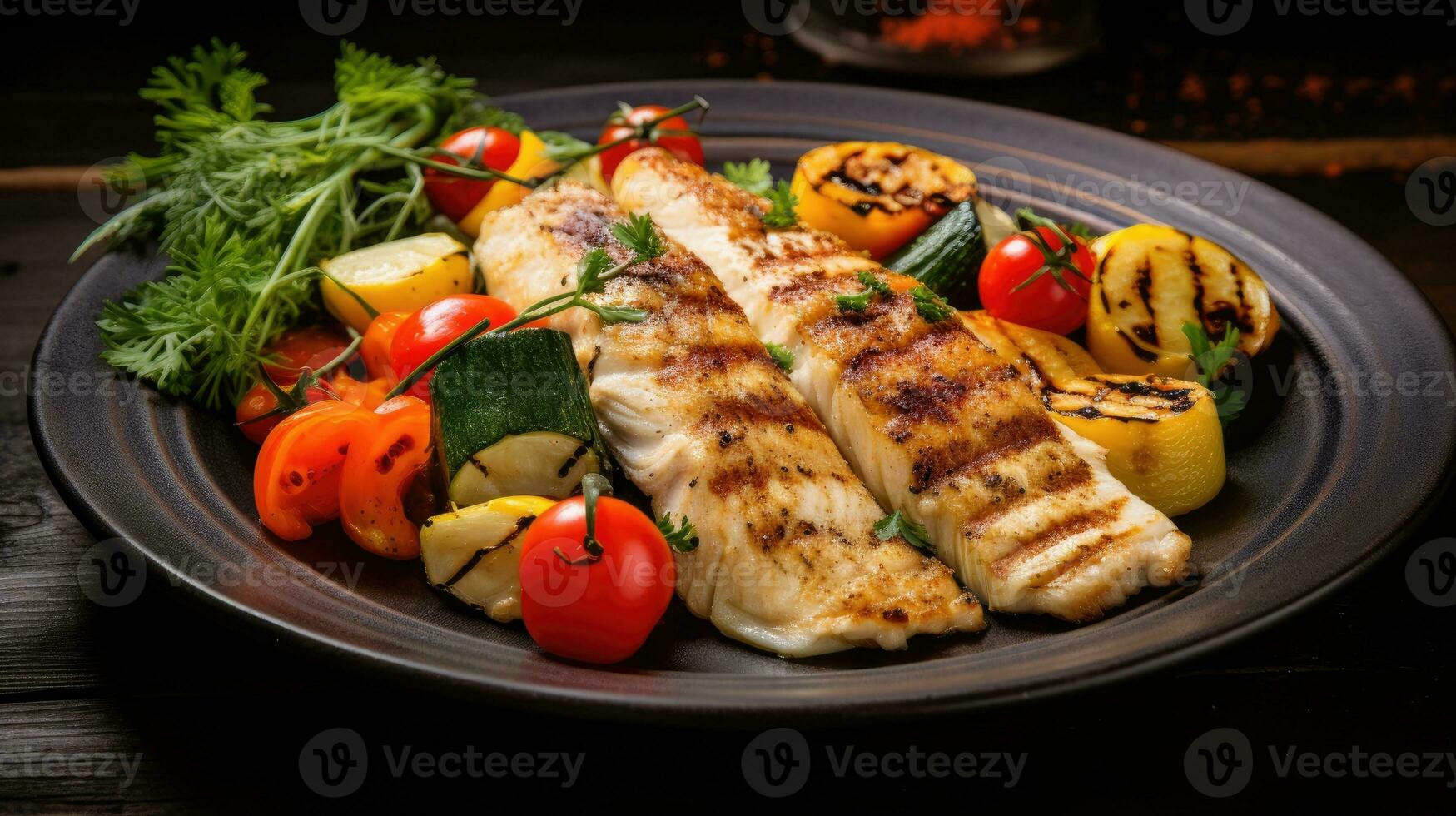 gegrillt Fisch Filet mit Gemüse auf ein Platte. generativ ai foto