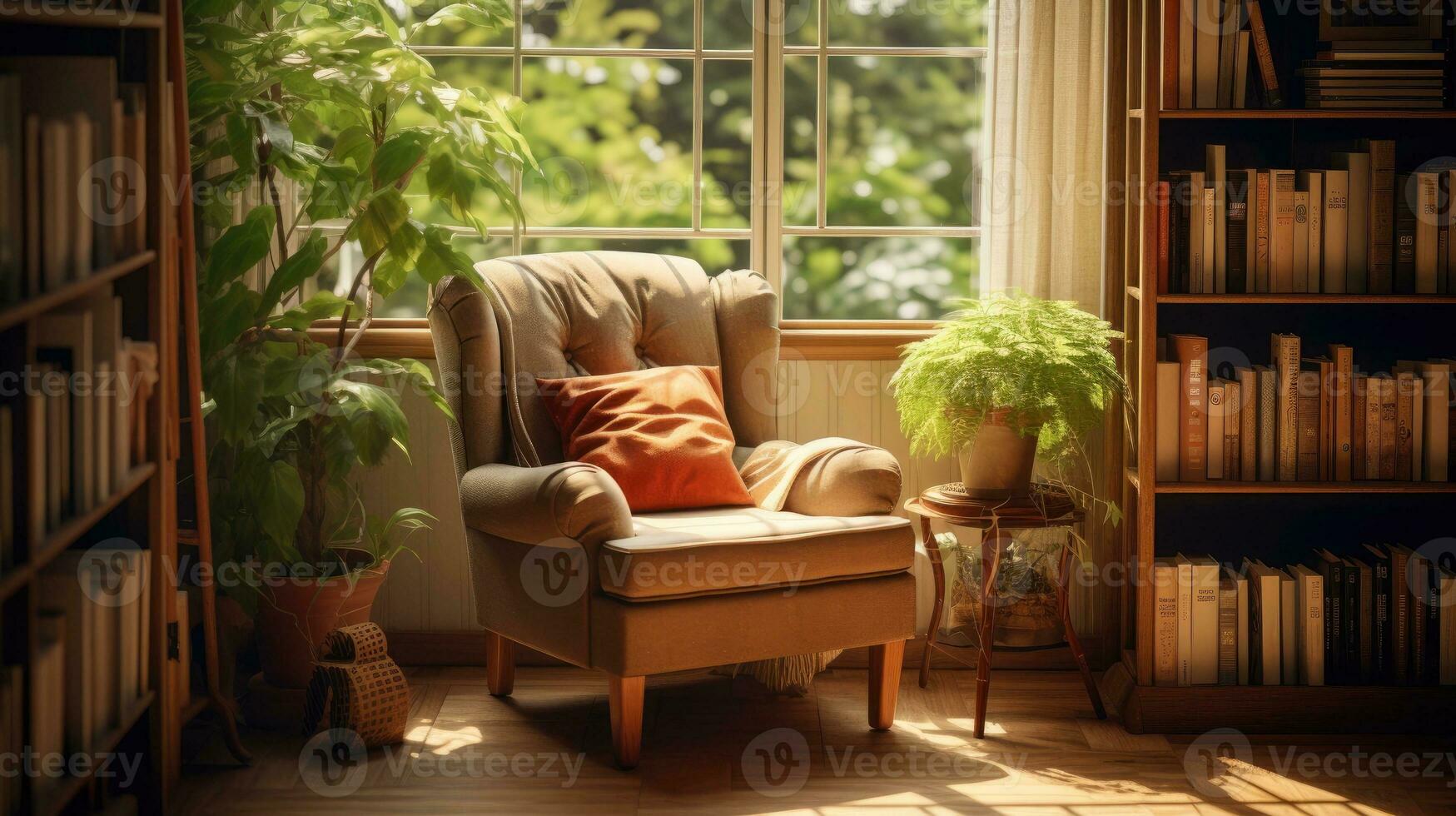 ein gemütlich lesen Zimmer mit ein Sessel und ein Bücherregal und ein groß Fenster. generativ ai foto