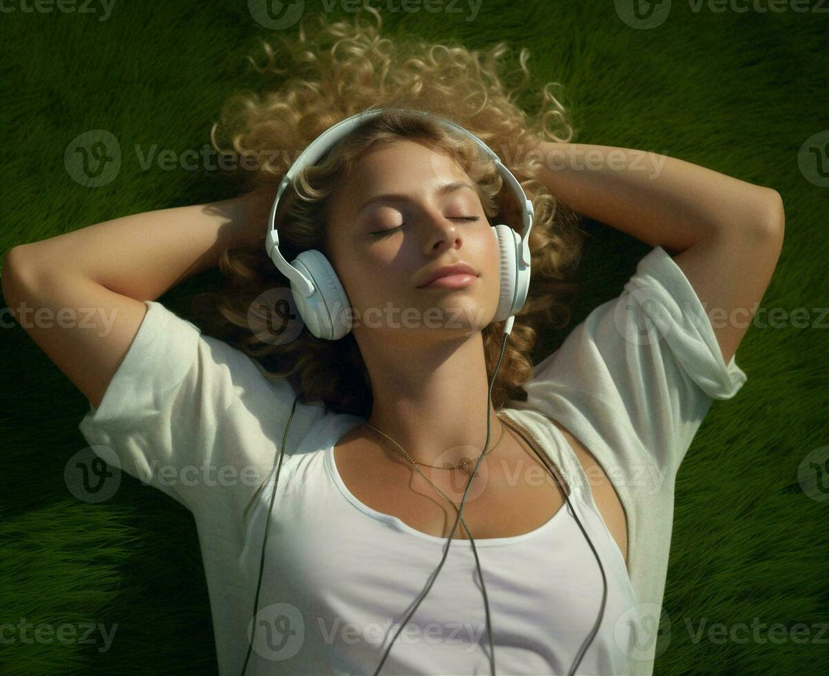 Grün Frau Jugend Gras Unterhaltung Hör mal zu Musik- Raum ziemlich Entspannung Sommer- Lebensstil Porträt Meditation Kopfhörer foto