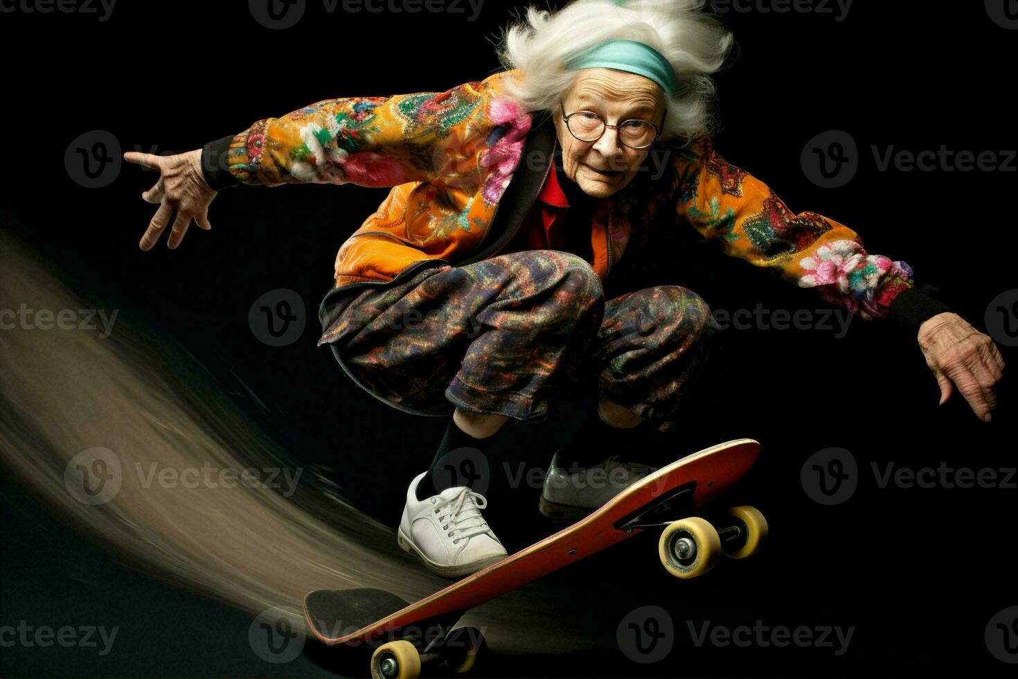 glücklich Frau Dame Person Skateboard Lebensstil alt positiv grau verrückt Alten Felsen Hintergrund Oma Porträt modern foto