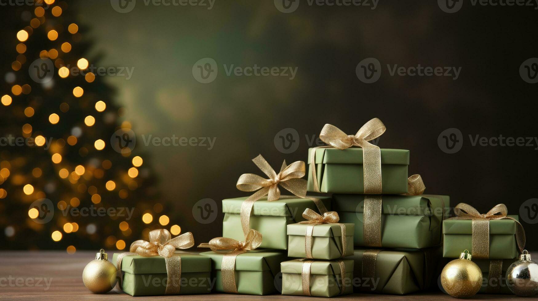 Neu Jahr Banner mit Konzept von Weihnachten Baum gemacht von Gold Band und Geschenk Box auf Olive Hintergrund foto