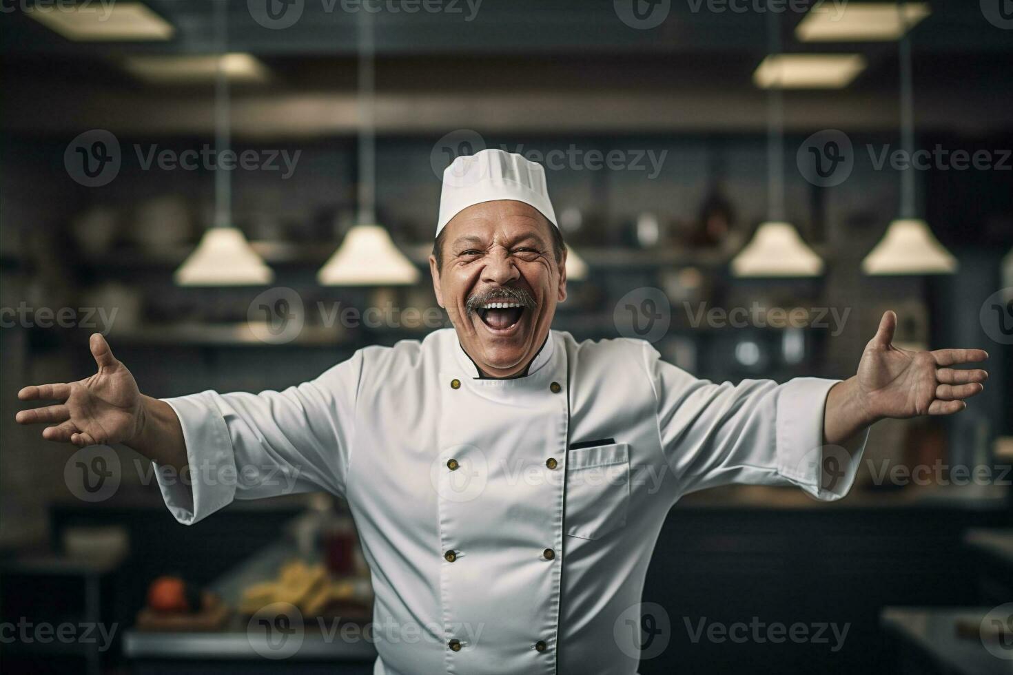 Mann Bedienung Schürze Essen kaukasisch Stehen Koch Restaurant Porträt Küche Geschäft. generativ ai. foto