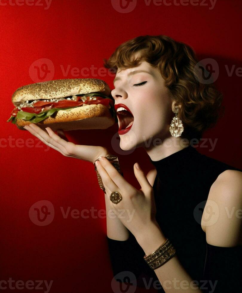 Frau Mittagessen halten hungrig Diät Essen schnell Mode Sandwich Burger lecker Hintergrund Hamburger foto