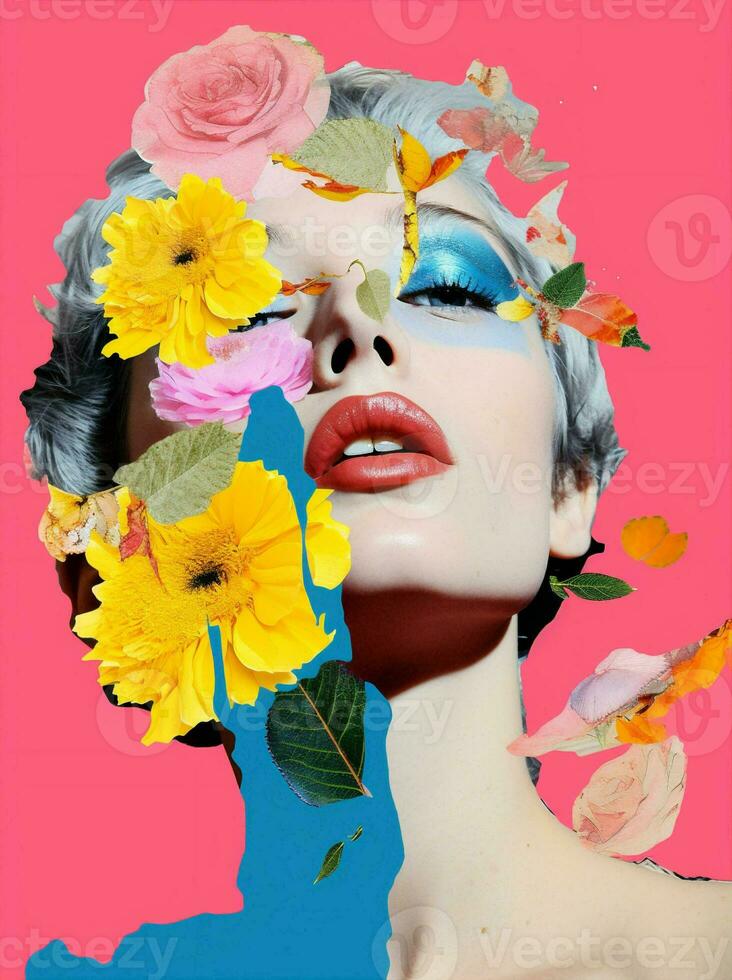 Kunst Frau Porträt Jahrgang Kunst Pop Design Mode Blumen Konzept Nahansicht Schönheit foto