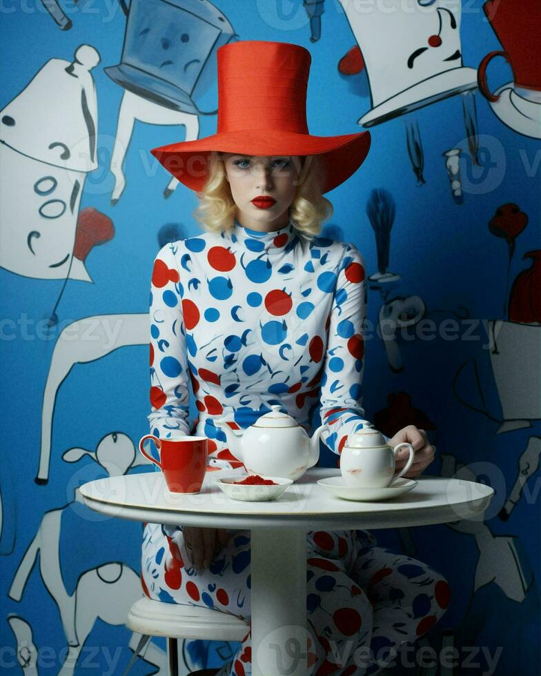 Frau trinken Blau Porträt Jahrgang weiblich rot retro attraktiv Tasse Mode Eleganz Schönheit foto