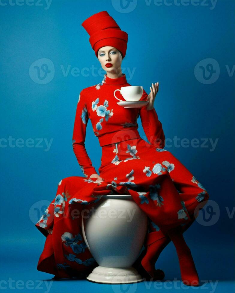 Frau rot Blau Getränk Schönheit kaukasisch attraktiv Tasse retro Jahrgang Porträt Mode foto
