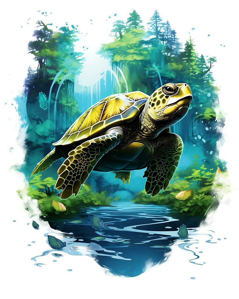 ein Schildkröte fliegend im das Wasser verzaubert Fluss Bank Kunst Illustration Vektor Hintergrund foto