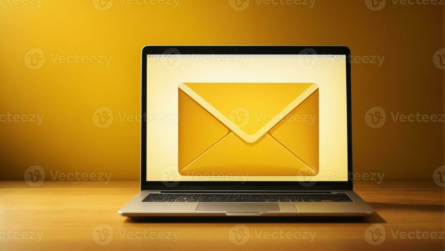 Email Symbol Illustration auf Laptop Bildschirm, Gelb Hintergrund. ai generiert foto