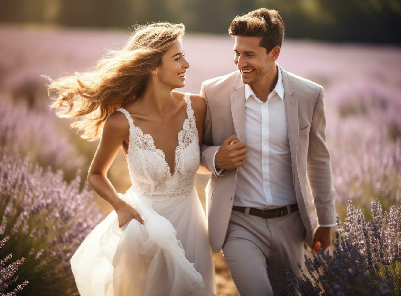 Paar von Braut und Bräutigam im Lavendel Feld foto