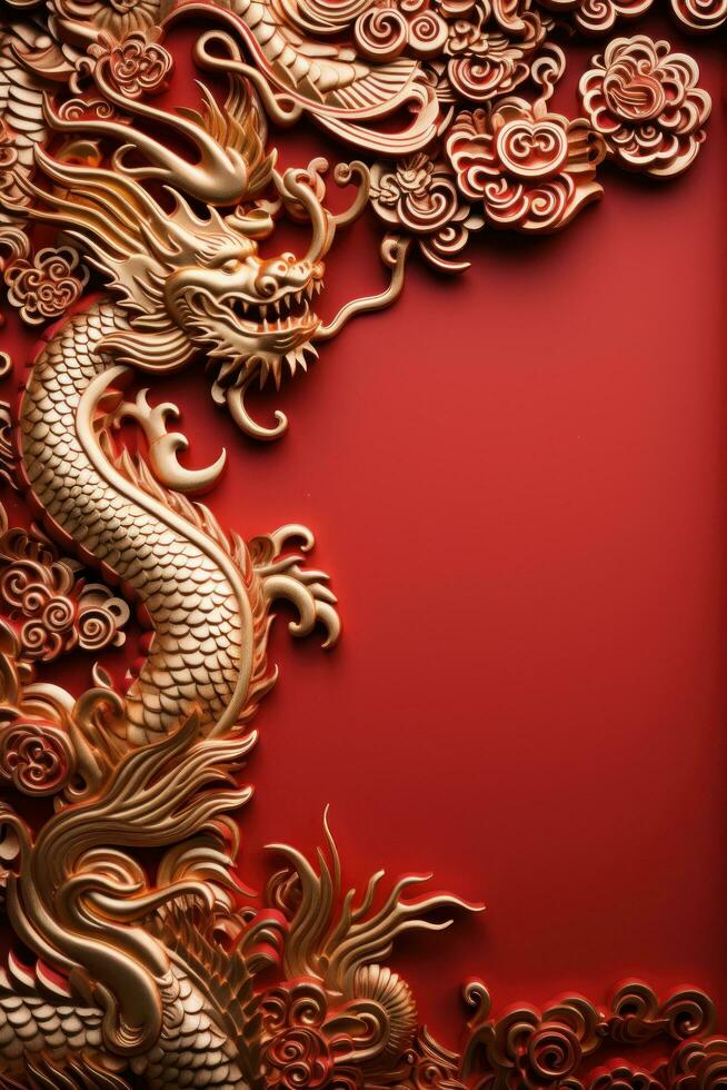 Chinesisch Neu Jahr rot Hintergrund mit Gold Drachen mit groß Copyspace Bereich foto