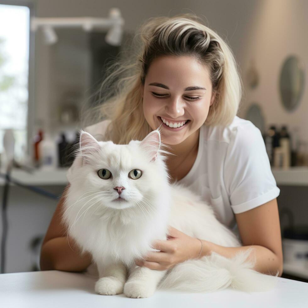 flauschige Weiß Katze genießen ein Pflege Session mit ein lächelnd Eigentümer. foto