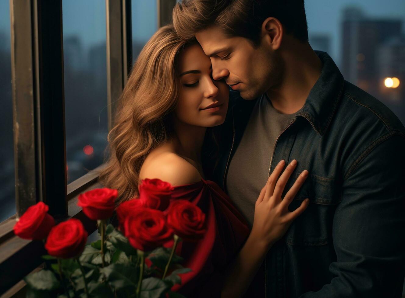 jung Kerl und Frau Umarmung während halten Rosen auf das Balkon von das Stadt foto