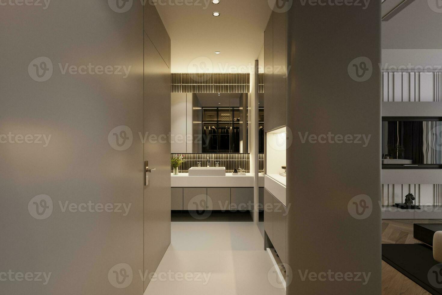 Innere von modern Toilette, Waschbecken, Spiegel, Kabinett in das Innere, 3d Rendern foto