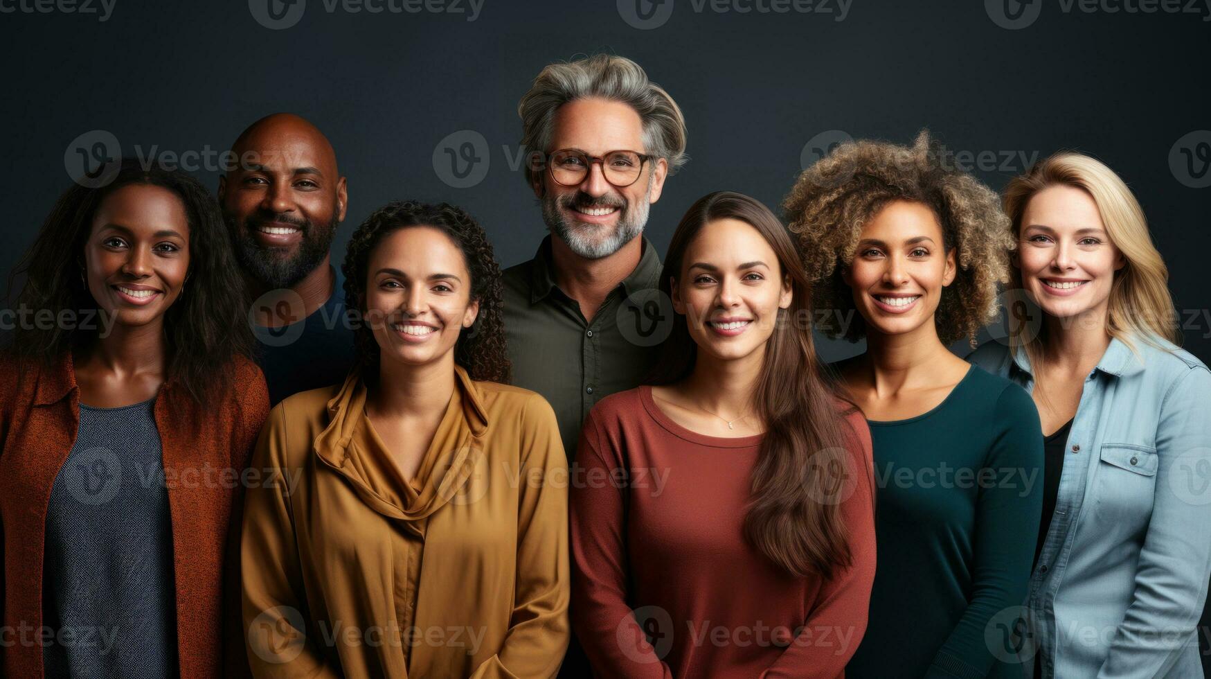 Porträt von ein Gruppe von vielfältig Menschen Stehen zusammen und lächelnd. foto