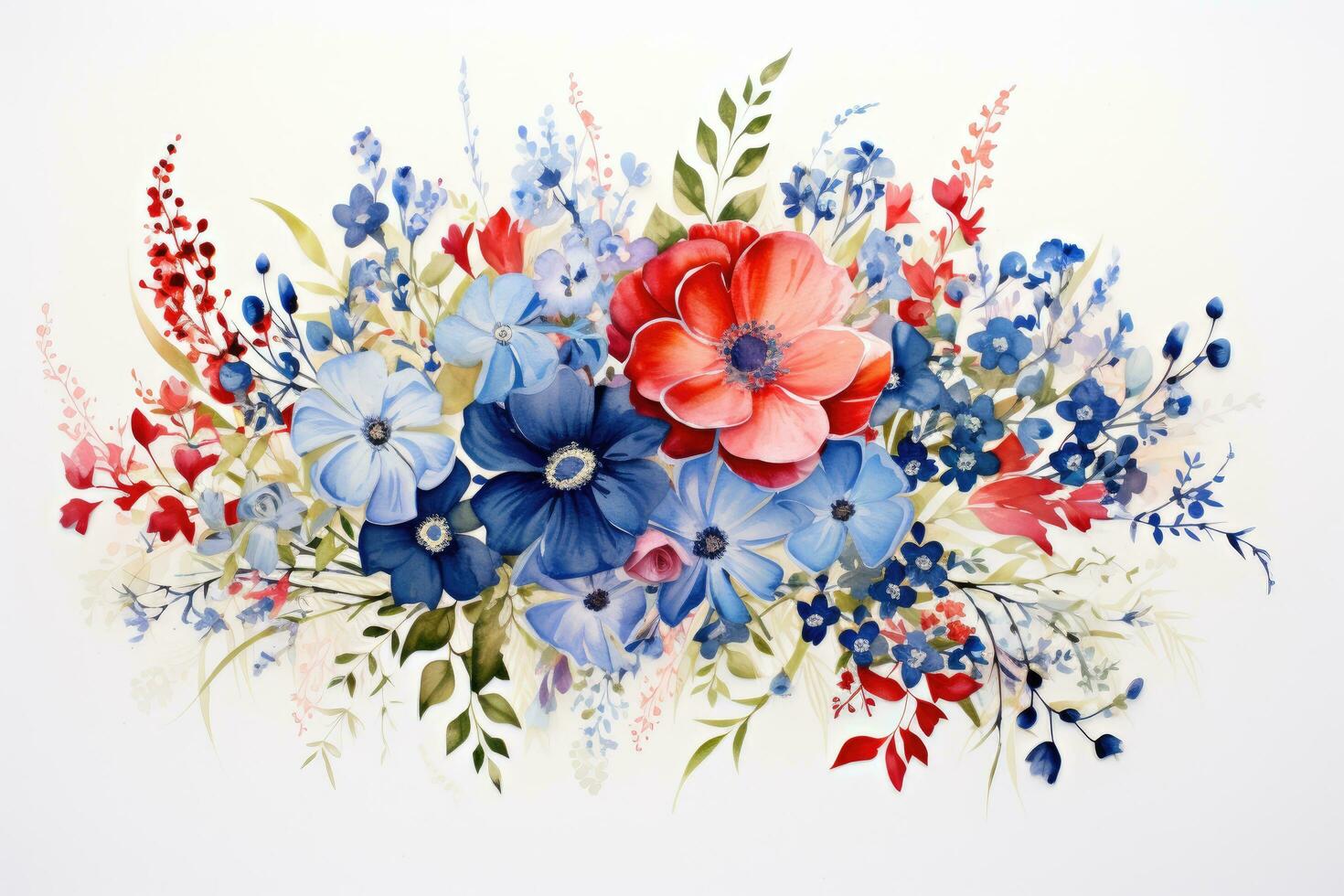 Aquarell Strauß von Blau und Rosa Blumen auf ein Weiß Hintergrund, Blumen- Gemälde mit Rot, Weiss, und Blau Blumen auf ein Weiß Hintergrund, ai generiert foto