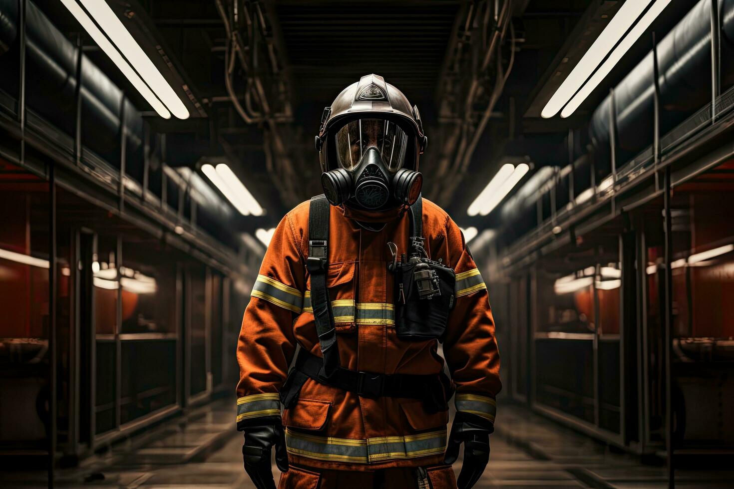 Feuerwehrmann im ein Gas Maske Stehen im ein dunkel unter Tage Bahnhof, Feuerwehrmann Bunker passen im das Feuer Bahnhof, ai generiert foto