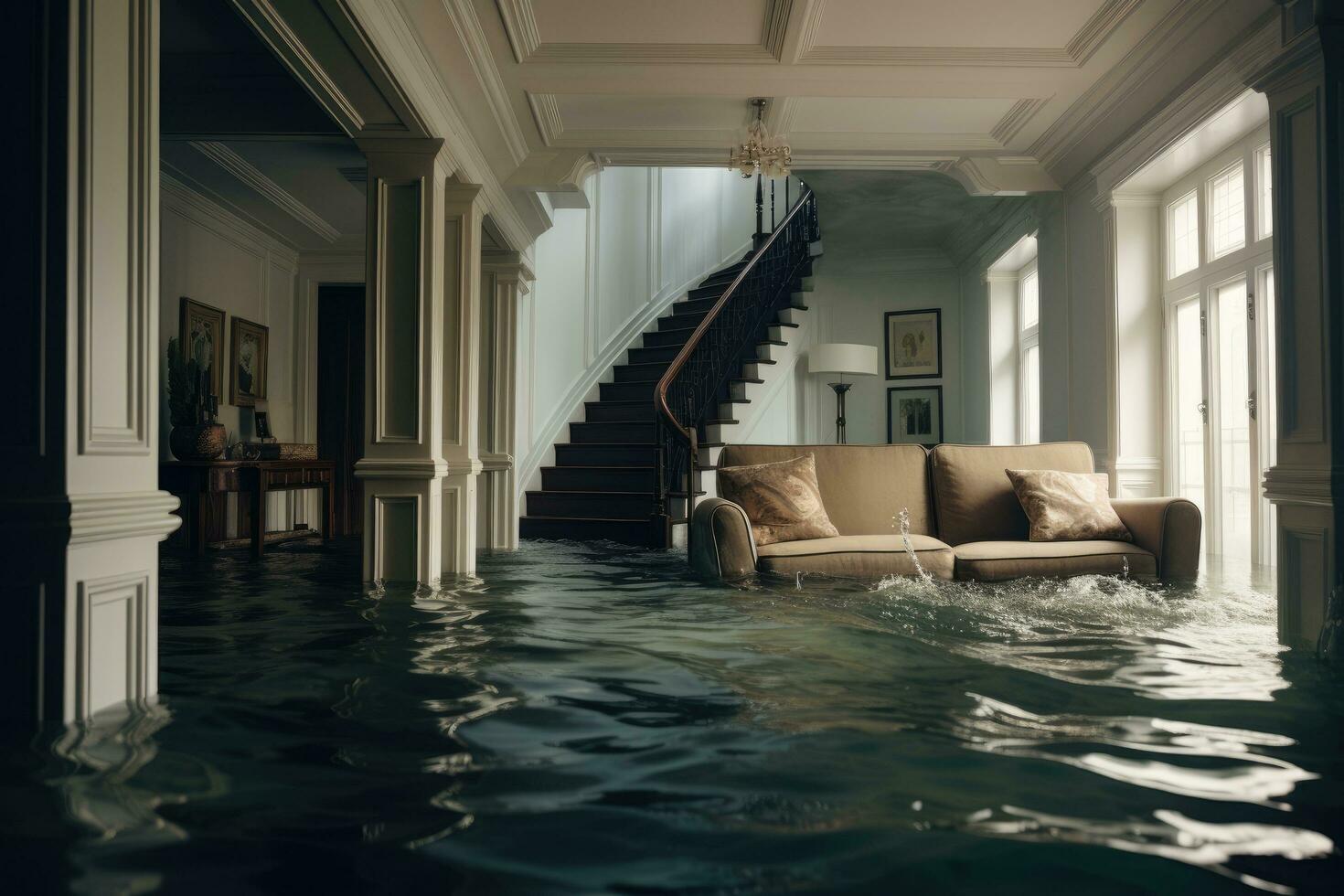 Luxus Innere von ein klassisch Wohnung mit Schwimmen Schwimmbad. 3d Wiedergabe, überflutet Haus mit Räume voll von Wasser, ai generiert foto