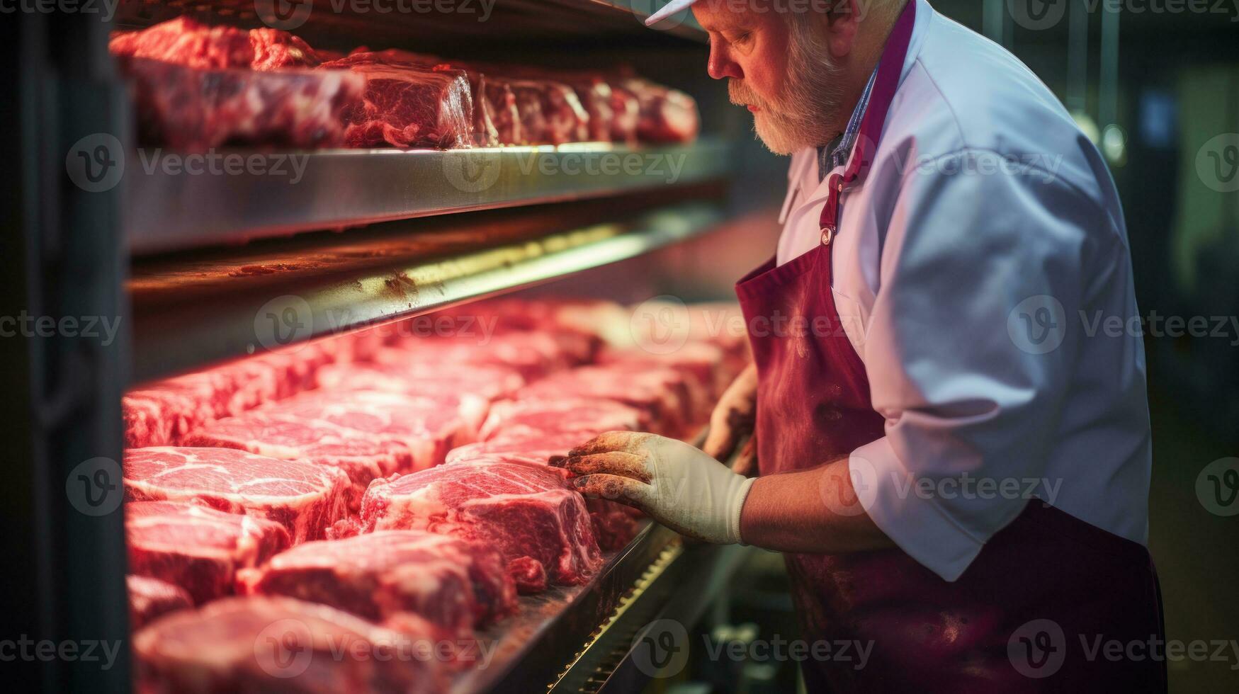 Senior Metzger stellen Fleisch im Regale beim Markt Geschäft. foto