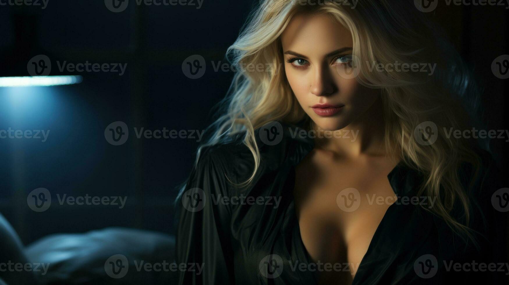 Porträt von ein schön sexy blond Frau im ein schwarz Bluse. foto