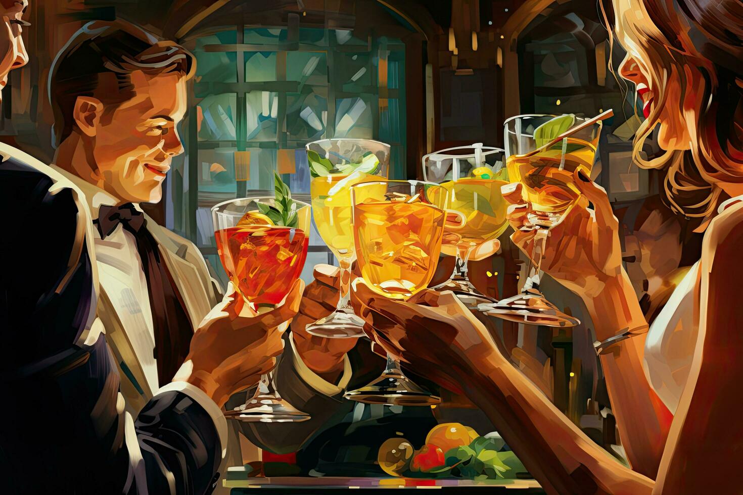 Illustration von ein Mann und Frau Trinken Cocktails beim das Bar, freunde Toasten mit Cocktails im das Bar, Nein Gesicht, ai generiert foto