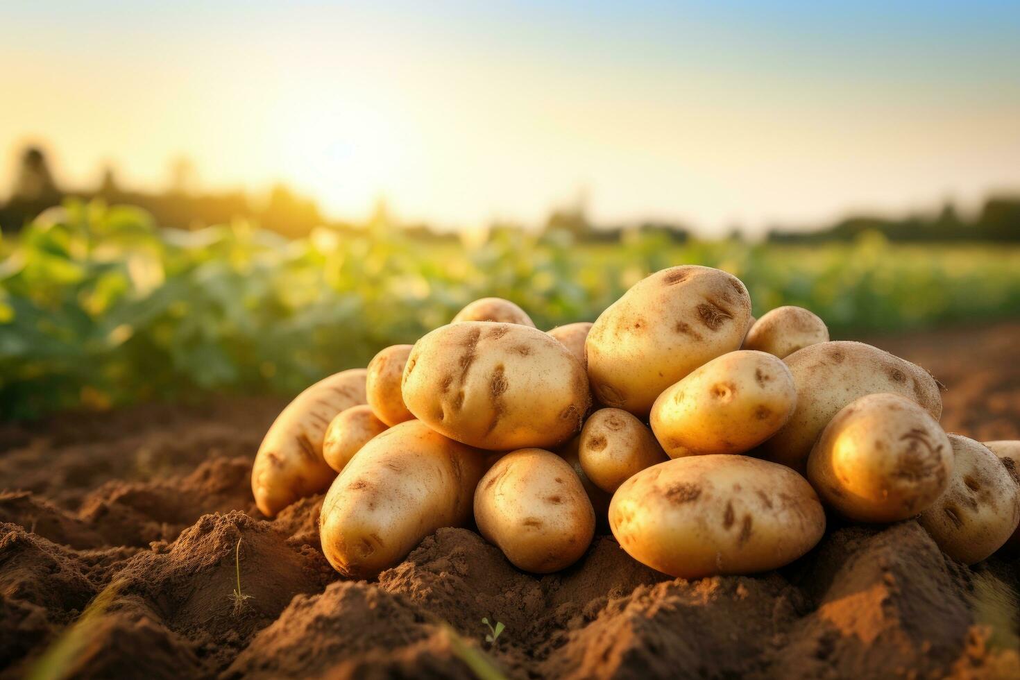 frisch gegraben Kartoffeln auf ein Feld beim Sonnenuntergang. Nahaufnahme, frisch gepflückt Kartoffeln auf Farmer Feld, gesund organisch produzieren, ai generiert foto