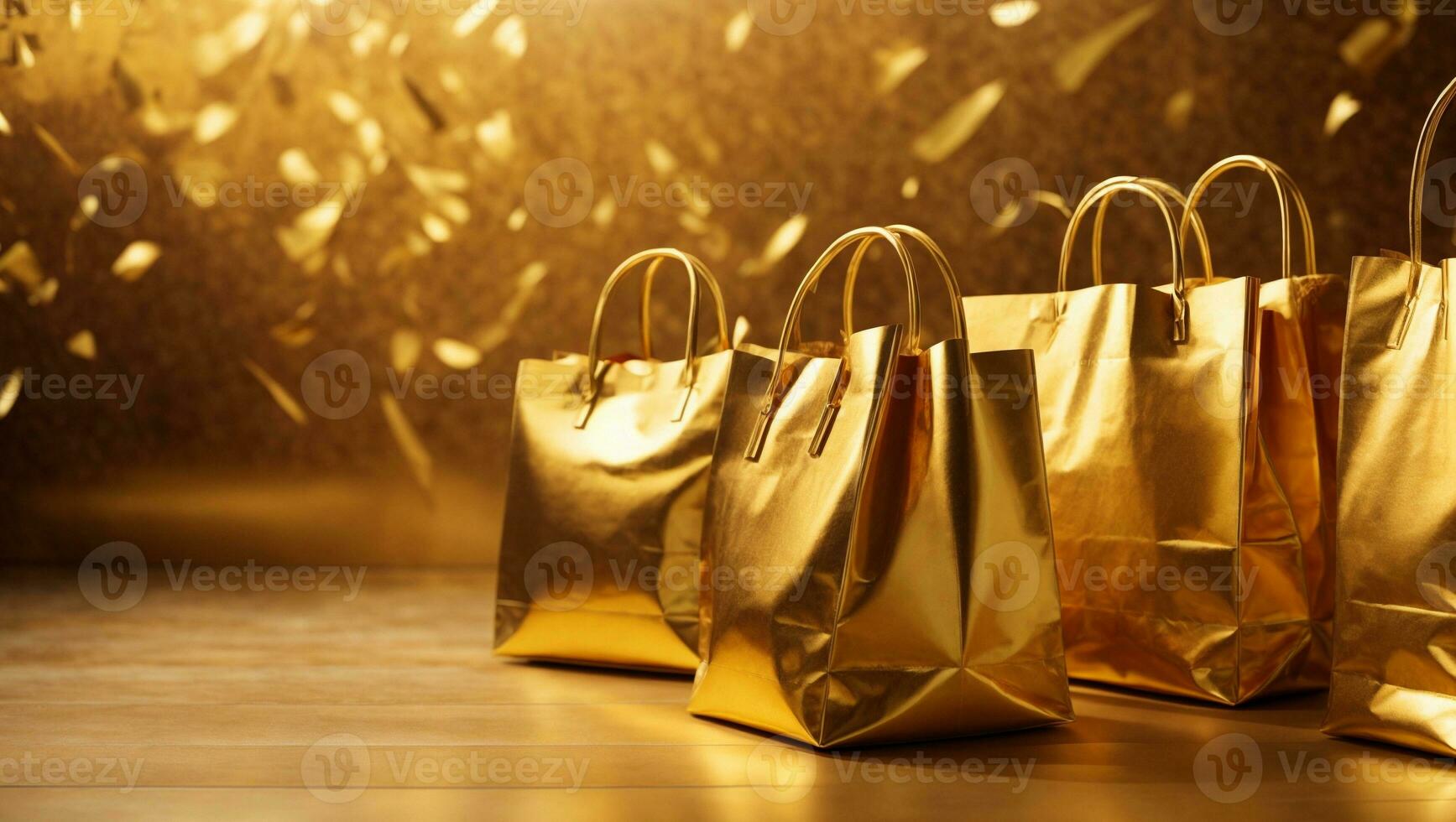 Gold Einkaufen Taschen. Gold Hintergrund.. ai generiert foto