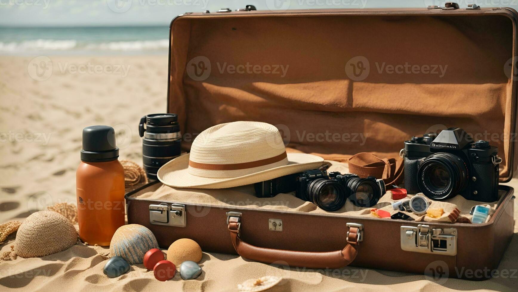 Strand Vorbereitung - - Zubehör im Koffer auf Sand. ai generiert foto