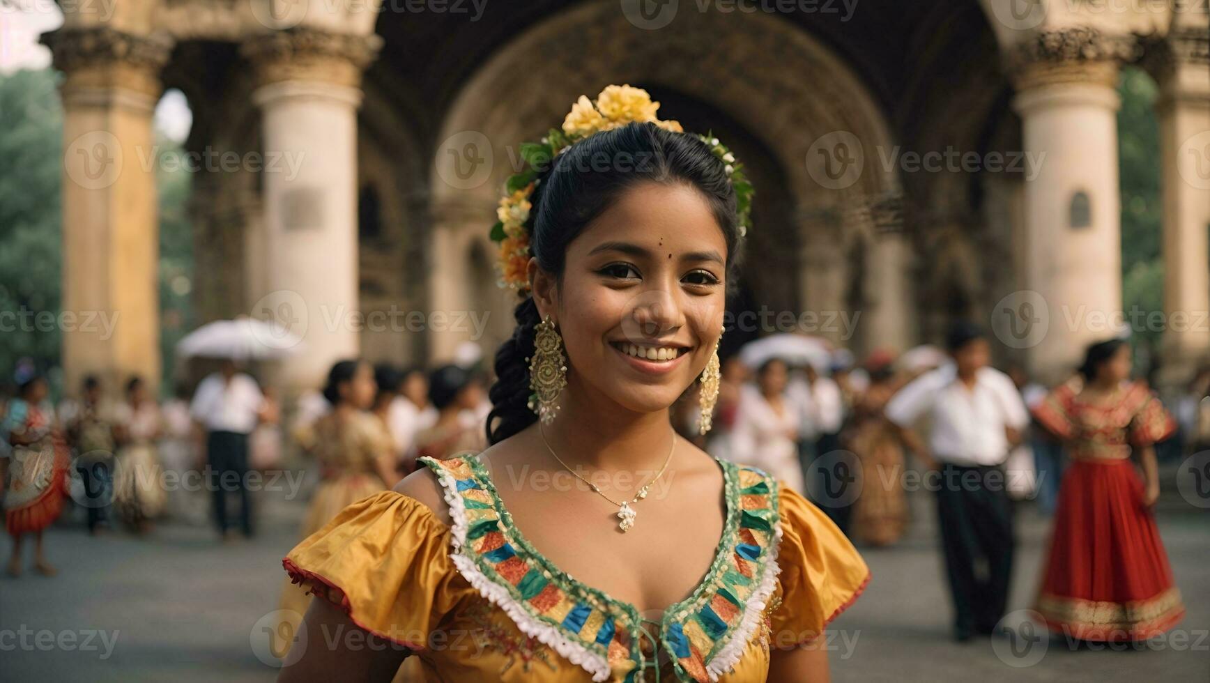nicaraguanisch Folklore Tänzer lächelnd und suchen beim das Kamera draußen das Kathedrale Kirche im das zentral Park von das Stadt von Leon. das Frau trägt das typisch Kleid von zentral Amerika. ai generiert foto