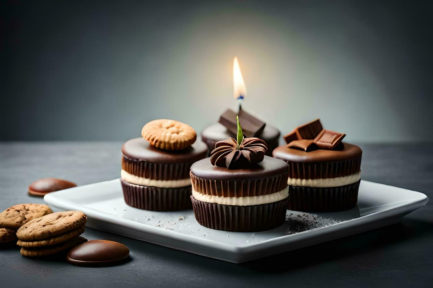 Schokolade Cupcakes mit ein Kerze auf ein Platte. KI-generiert foto