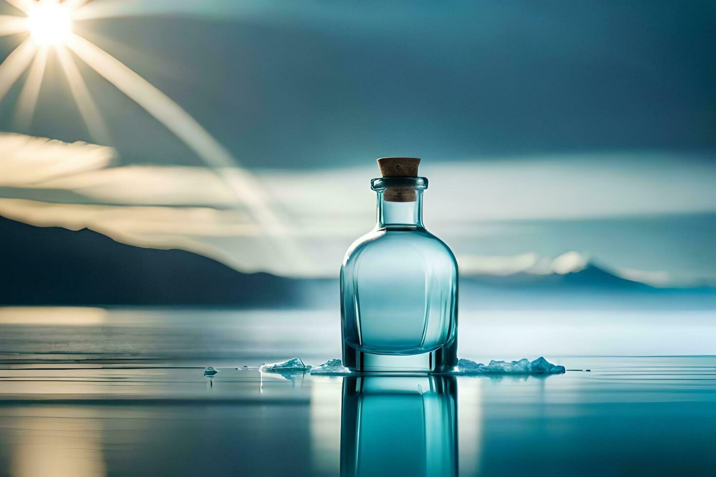 ein Flasche von Wasser Sitzung auf das Wasser mit das Sonne leuchtenden. KI-generiert foto