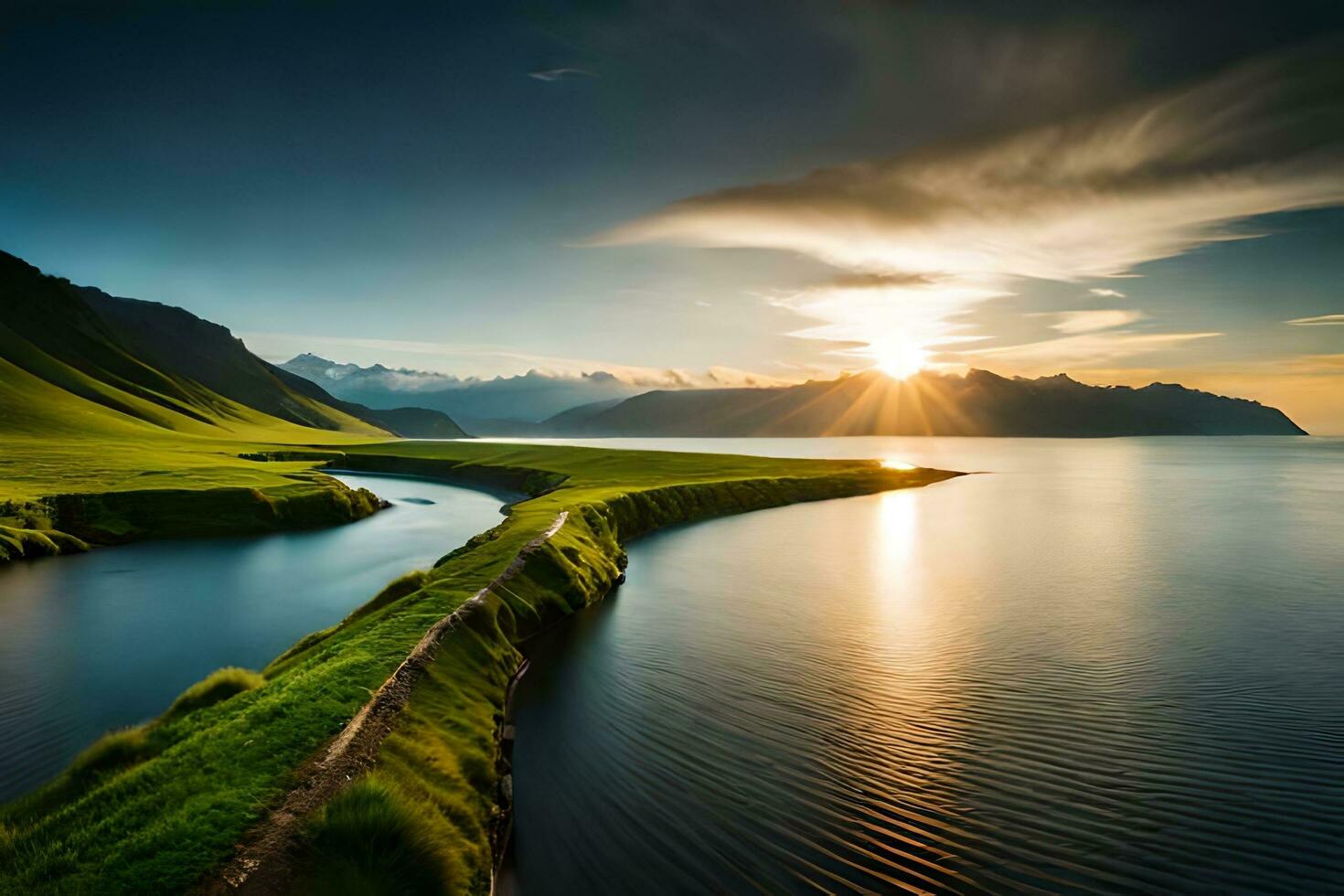 das Sonne ist Rahmen Über ein Fluss und grasig Feld. KI-generiert foto