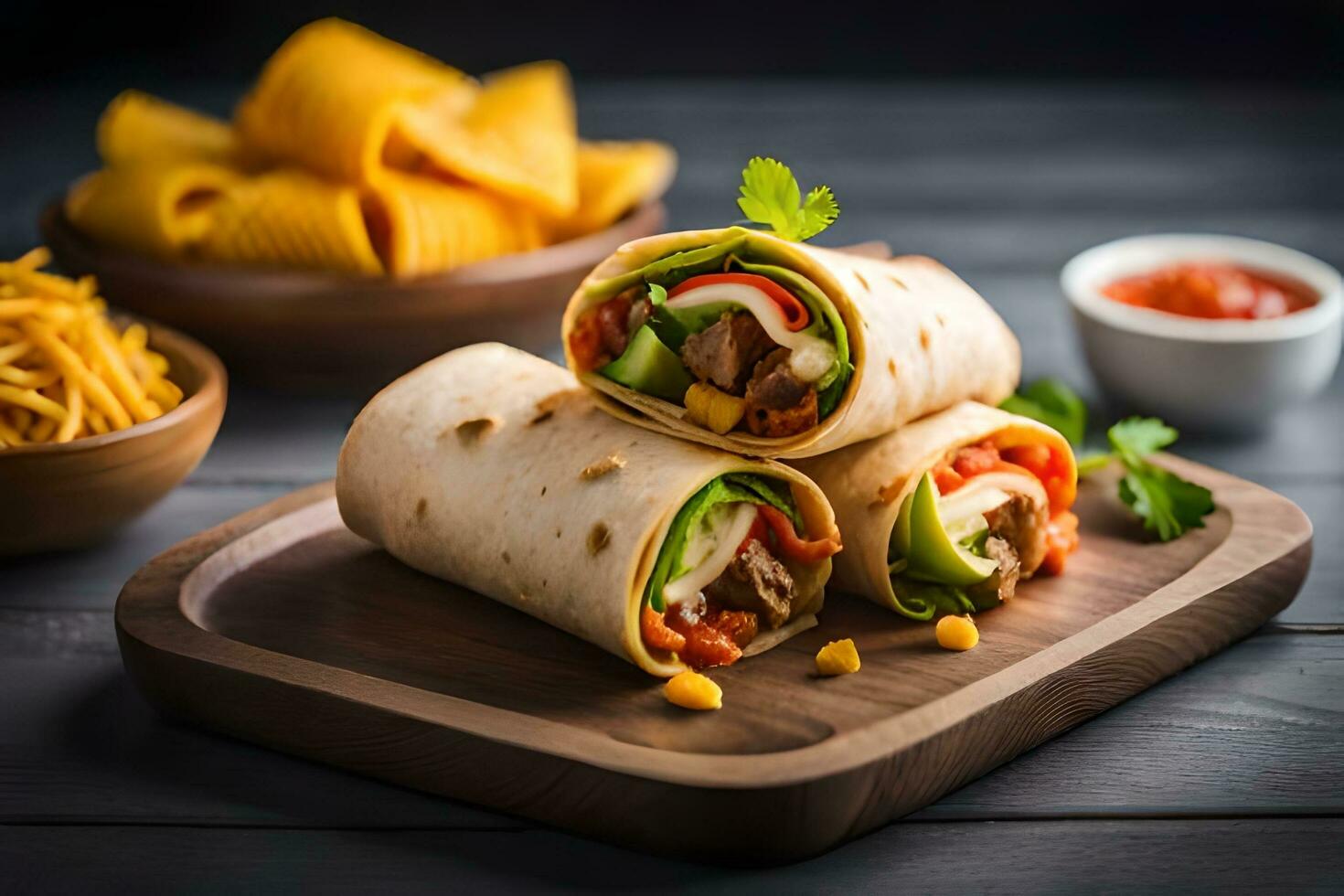 Burritos mit Gemüse und Mais Chips auf ein hölzern Tablett. KI-generiert foto