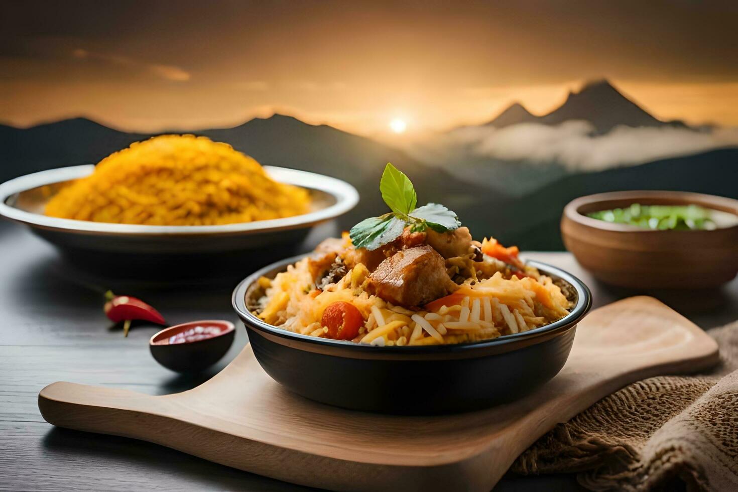 indisch Essen mit Reis und Gemüse auf ein hölzern Tabelle mit Berge im das Hintergrund. KI-generiert foto