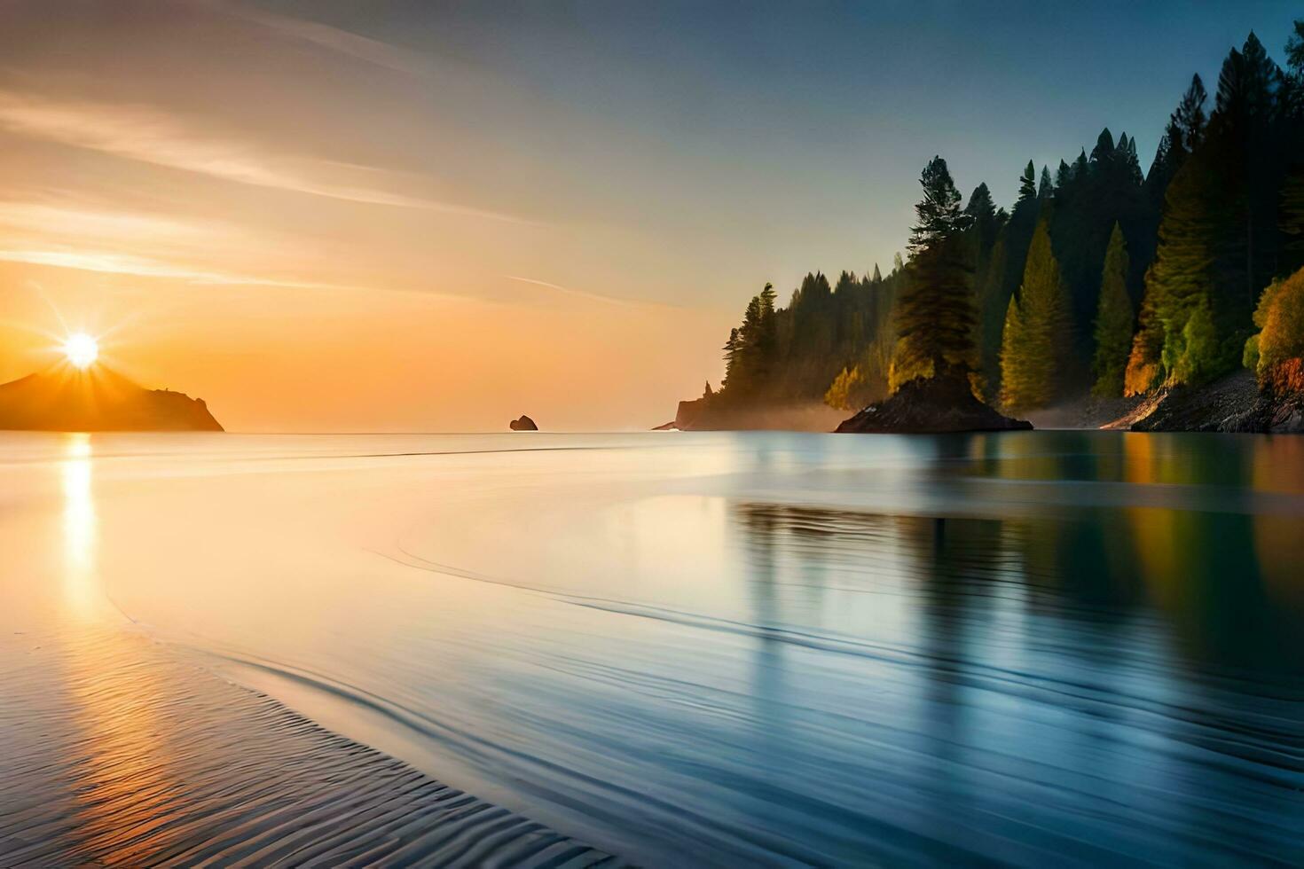 ein schön Sonnenuntergang Über das Ozean mit Bäume und Wasser. KI-generiert foto