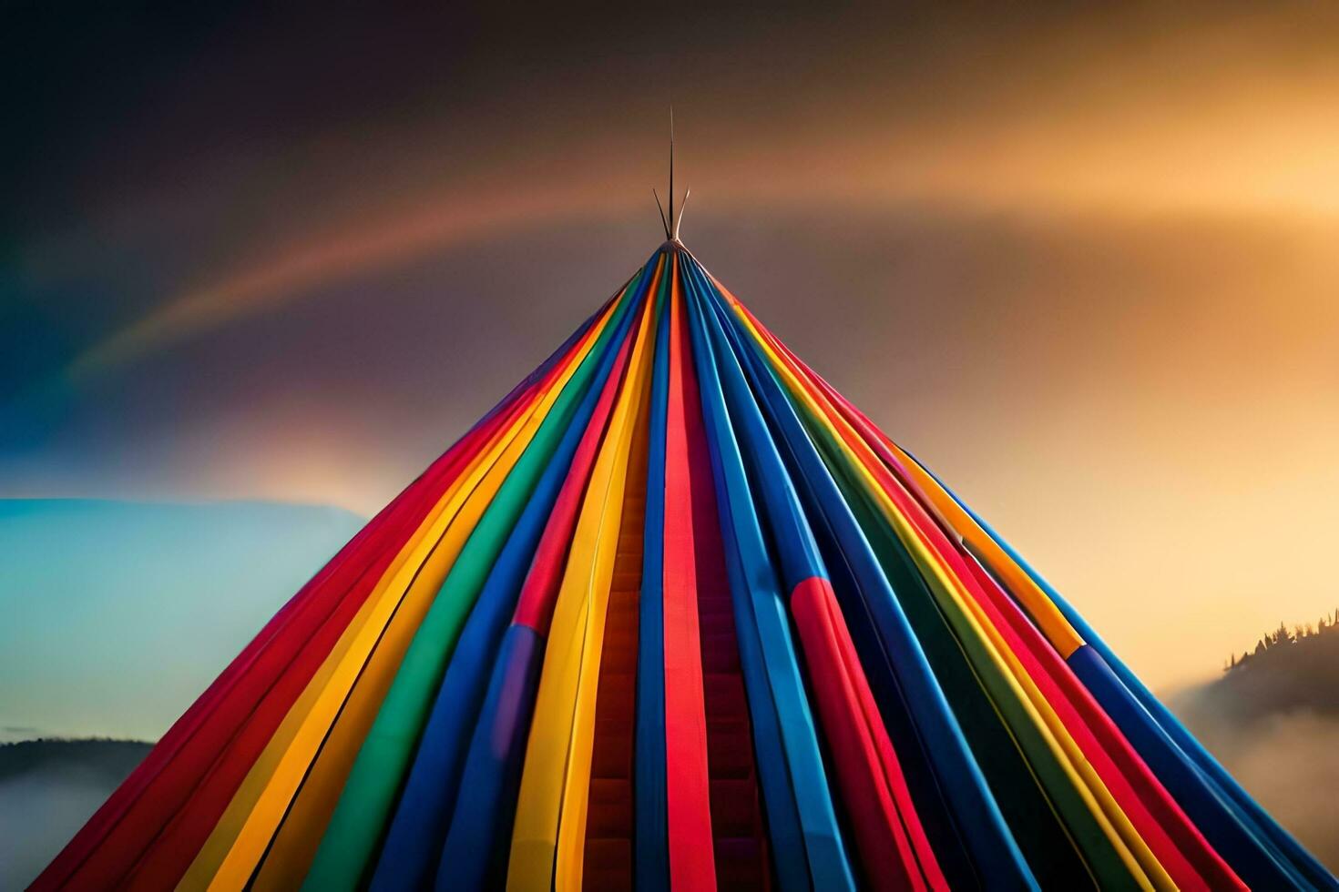 ein Regenbogen ist gesehen im das Himmel über ein bunt Zelt. KI-generiert foto