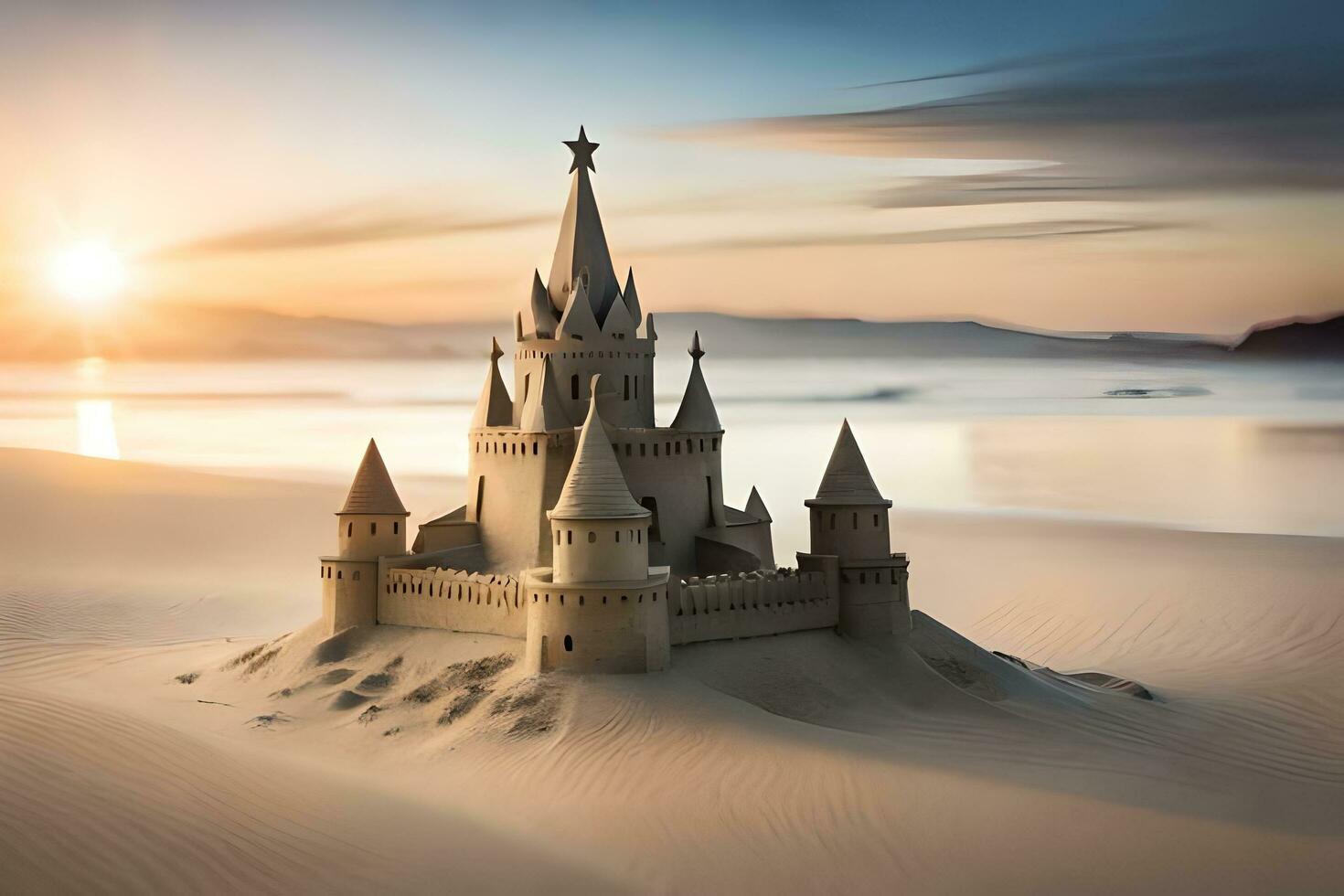 ein Sand Schloss auf das Strand beim Sonnenuntergang. KI-generiert foto