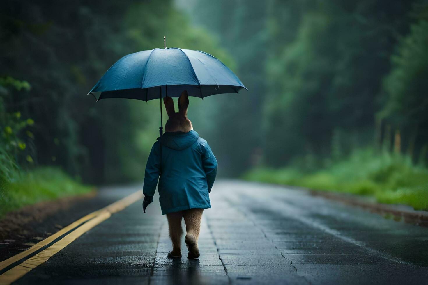 ein Person Gehen Nieder ein Straße mit ein Regenschirm. KI-generiert foto