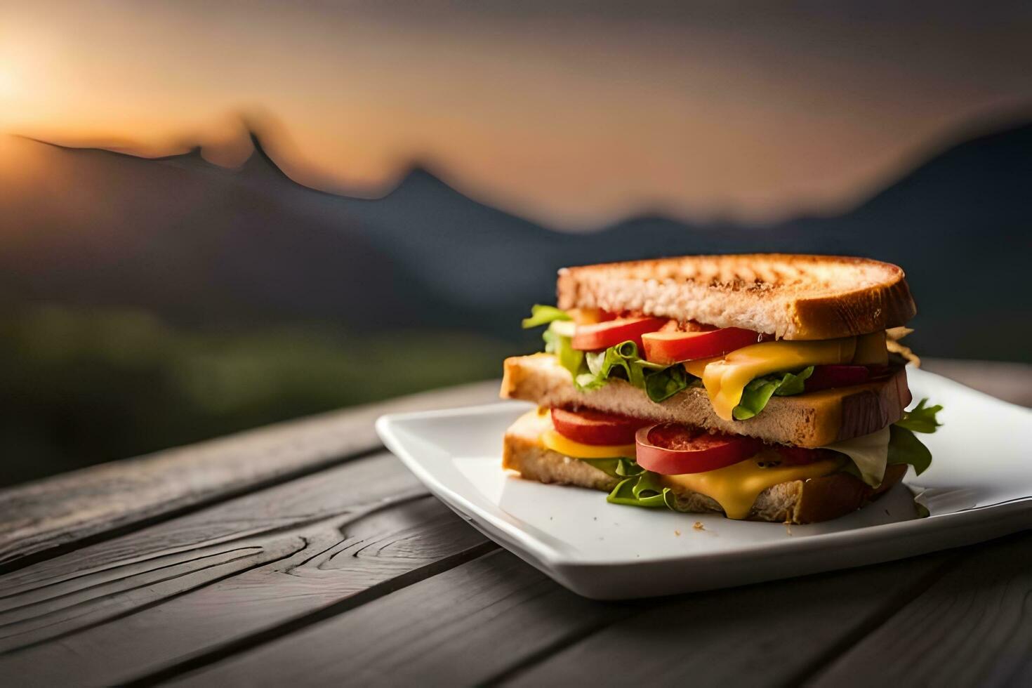 ein Sandwich mit Käse und Tomaten auf ein Platte. KI-generiert foto