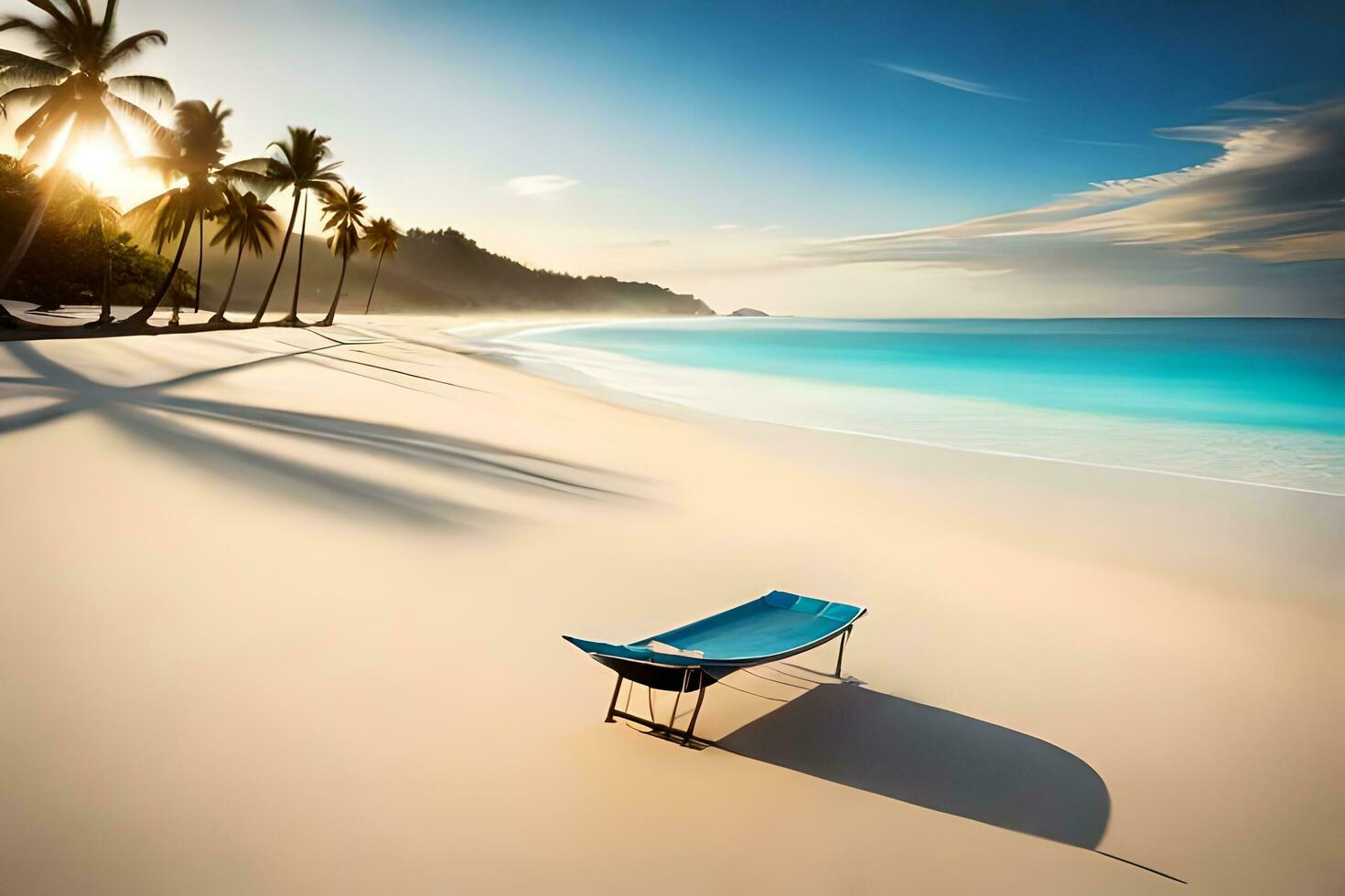 ein Strand mit ein Blau Stuhl und Palme Bäume. KI-generiert foto