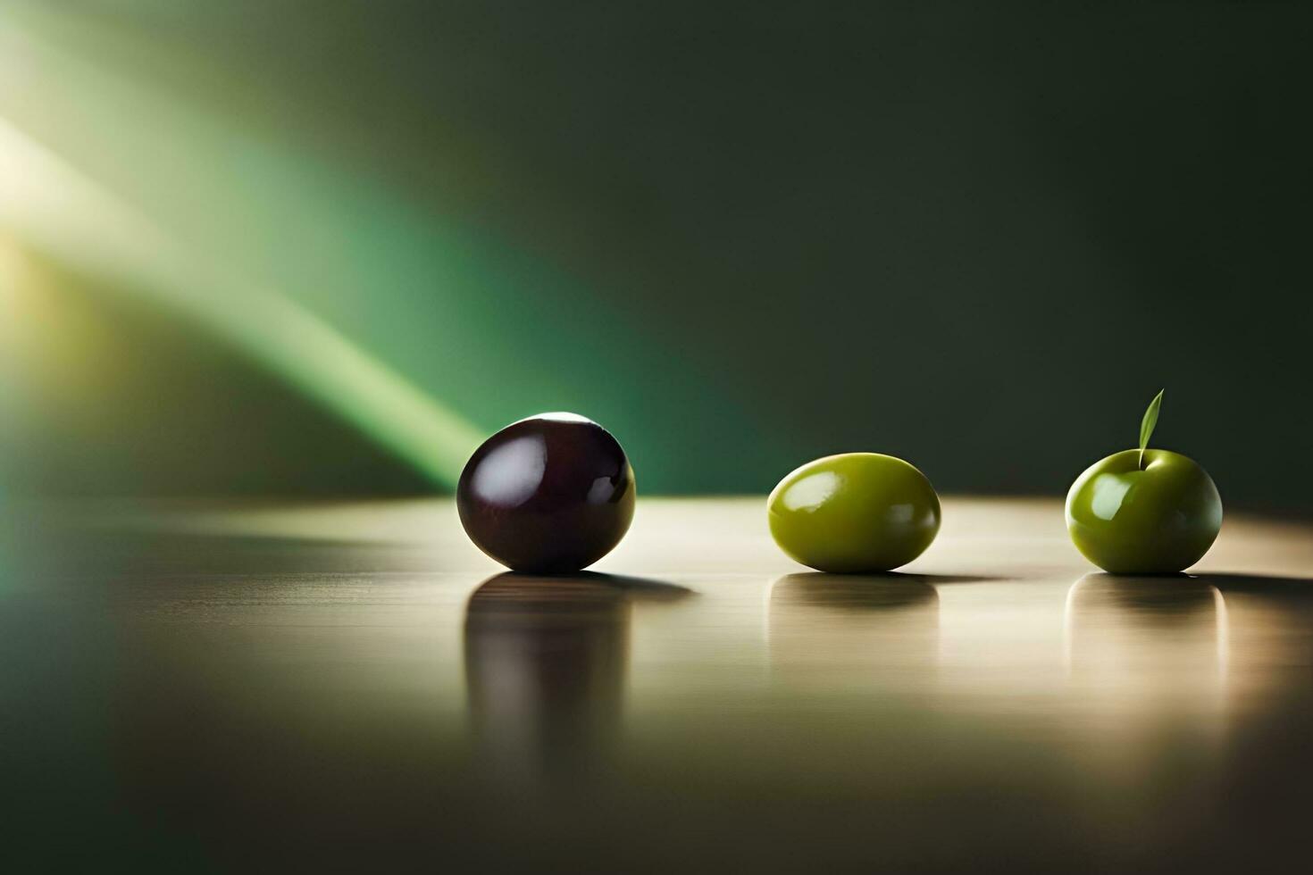 drei Grün Oliven auf ein Tabelle mit ein Grün Apfel. KI-generiert foto