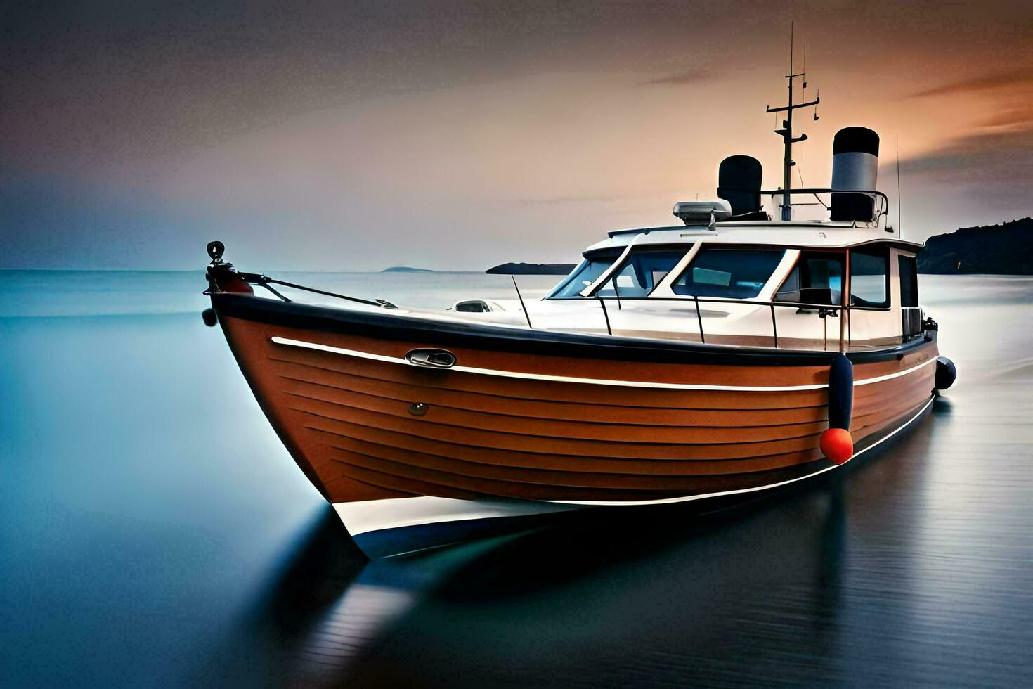 ein Boot ist angedockt auf das Wasser beim Sonnenuntergang. KI-generiert foto