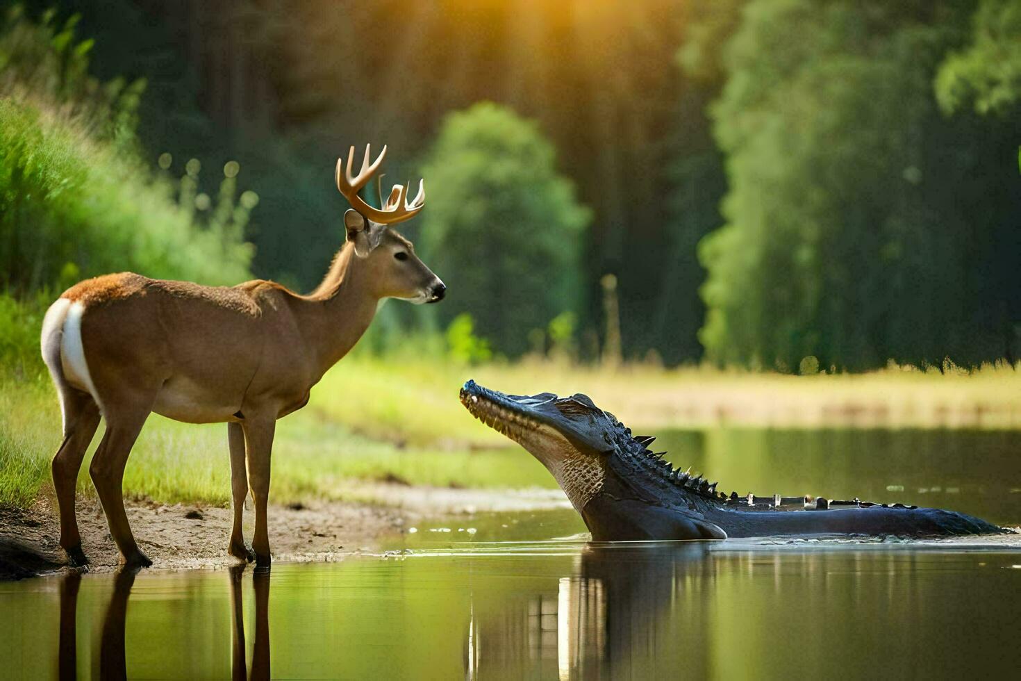 ein Hirsch und ein Alligator im das Wasser. KI-generiert foto